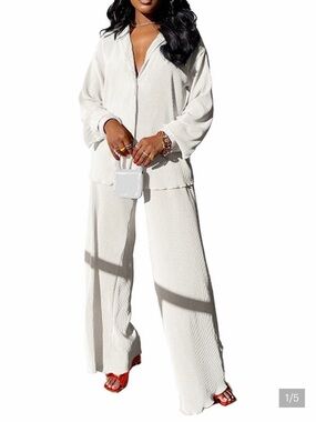 Old Money Casual White Linen Button Down Shirt Wide Leg Pants 2 Piece Set